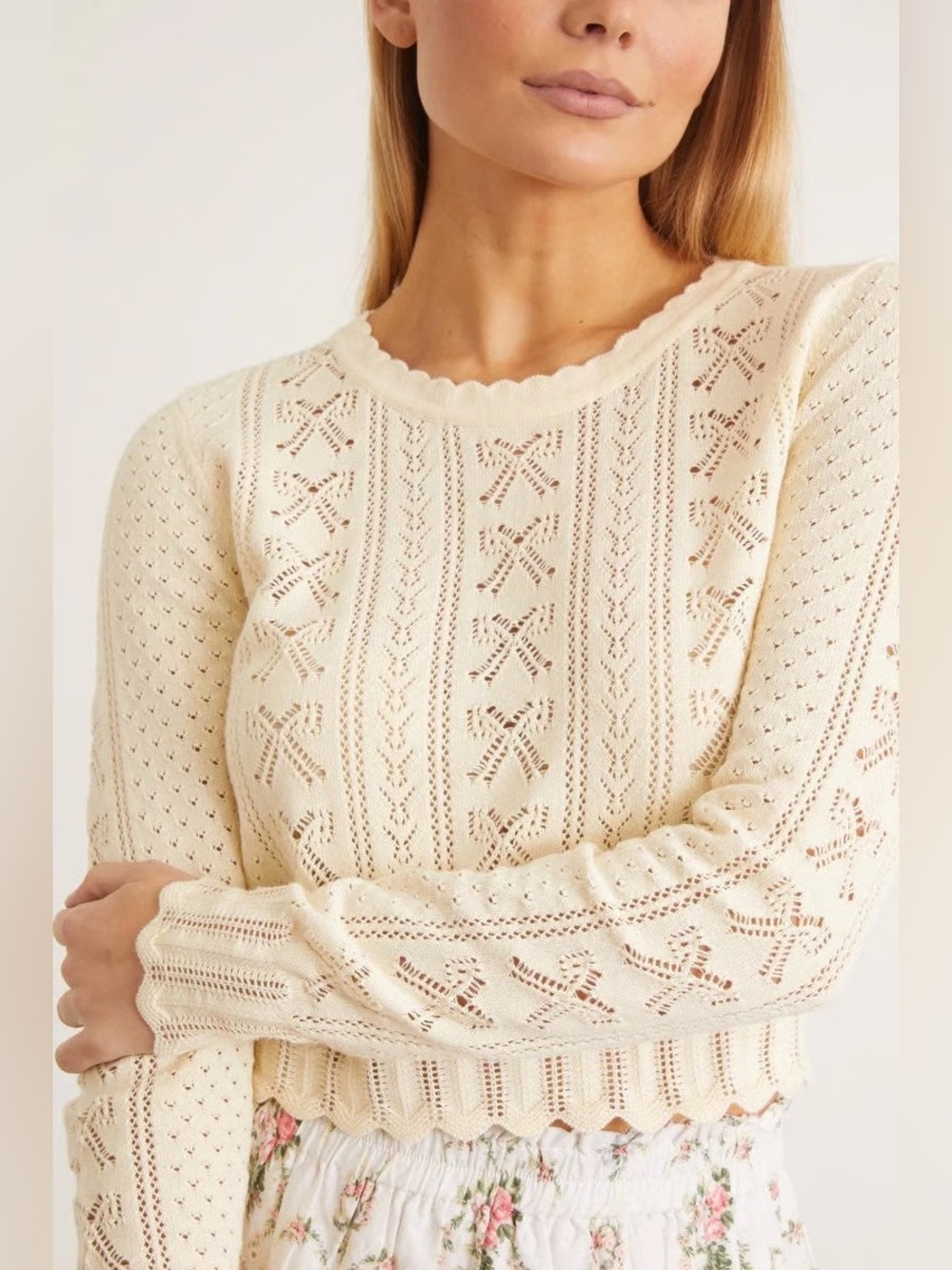 LoveShackFancy Sinfonia Cropped Pullover Cream Pointelle Bow Knit Sweater Small - Picture 3 of 13